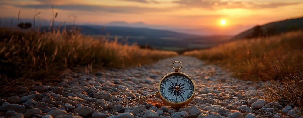 A compass sits on a rocky path as the sun sets in the background. The scene symbolizes direction, choices, and the pursuit of ultimate goals, with the open road ahead leading toward personal growth A compass sits on a rocky path as the sun sets in the background. The scene symbolizes direction, choices, and the pursuit of ultimate goals, with the open road ahead leading toward personal growth