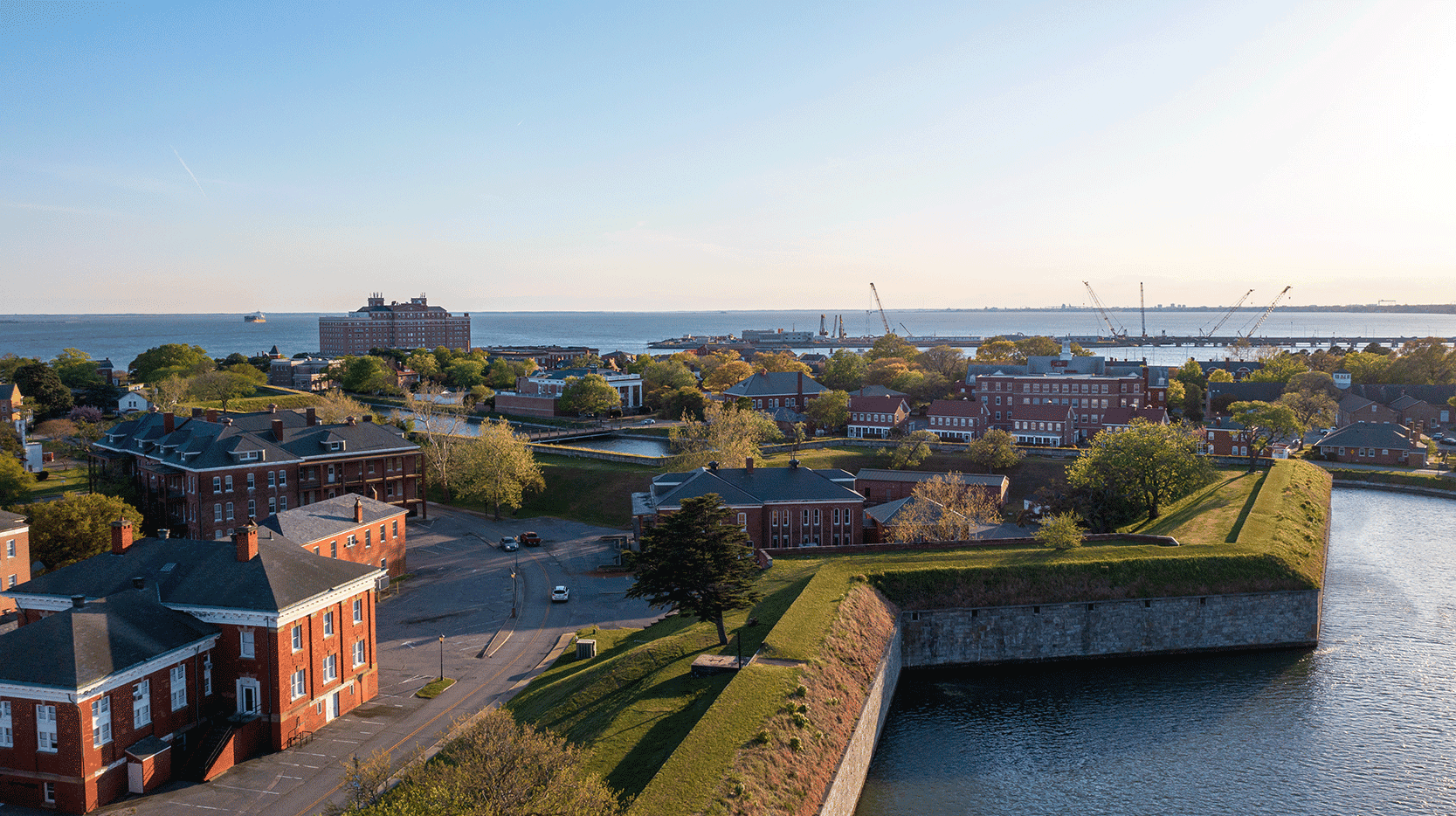 Aerial View of the Fort Monroe Earthen Walls and Buildings Looking West Towards the Chesapeake Bay