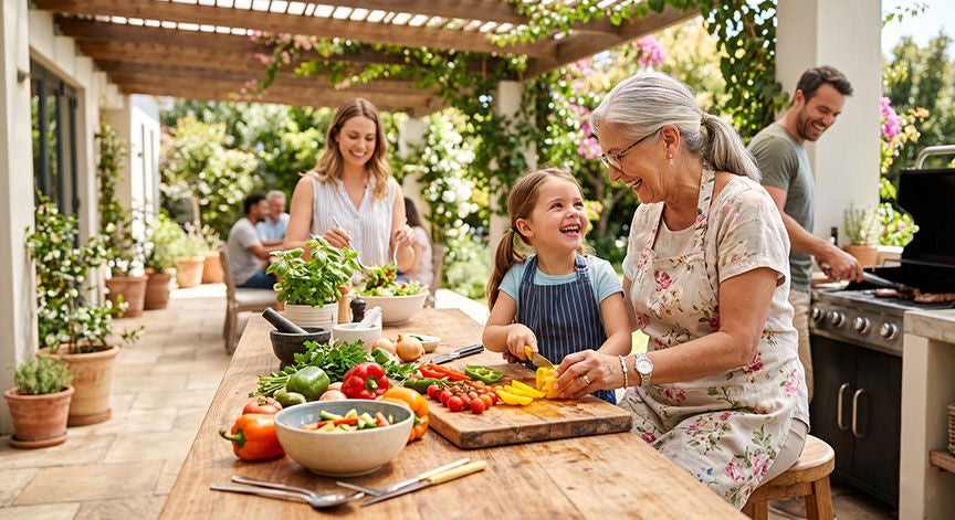 Happy multi generational family cooking healthy meal together in a sunny outdoor patio kitchen