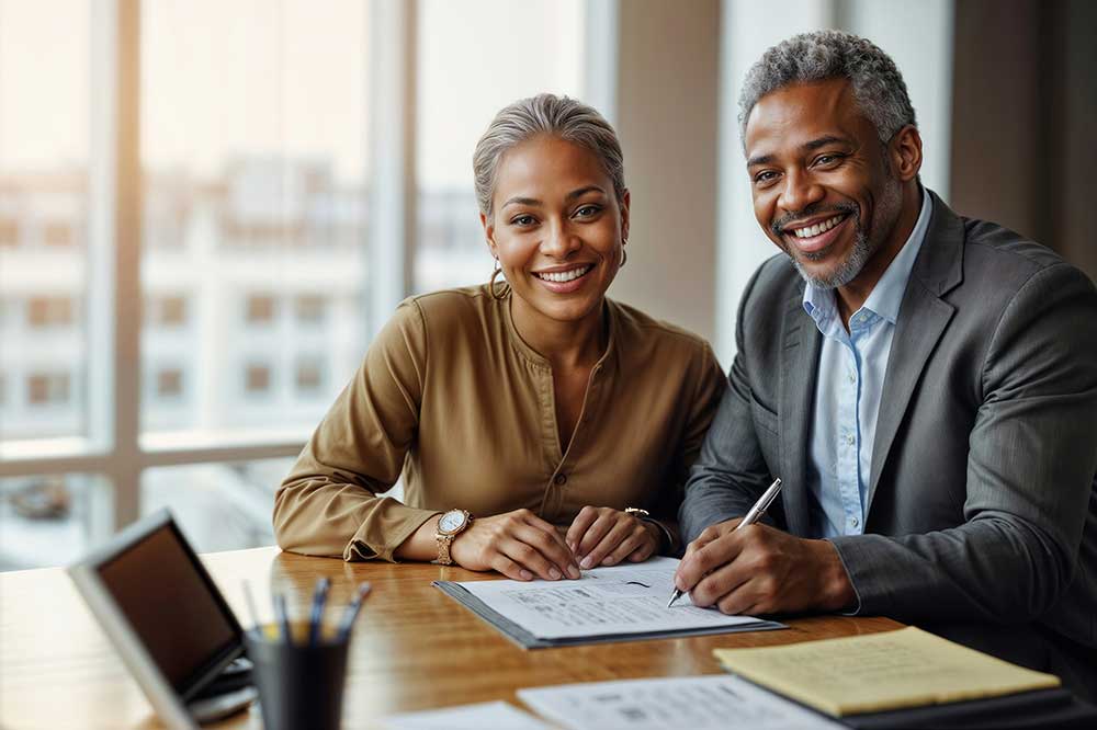 Portrait of happy elderly African American couple signing financial contract at the bank office Portrait of happy elderly African American couple signing financial contract at the bank office