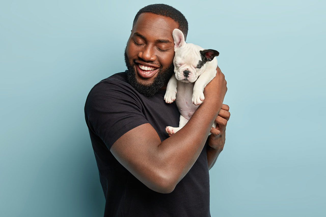 Sweet moments with domestic animals. Portrait of satisfied dark skinned man holds cute small french dog puppy closely to face, enjoys good time with loyal pet, wears casual black t shirt, pose indoor