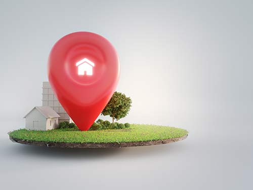 House symbol with location pin icon on earth and green grass in real estate sale or property investment concept. Buying land for new home. 3d illustration of big advertising sign.