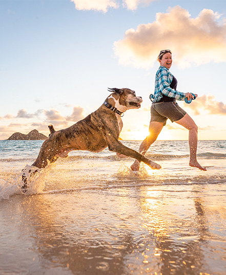Upbeat woman enjoys her financial independence as she runs along the beach with her excited dog during sunrise